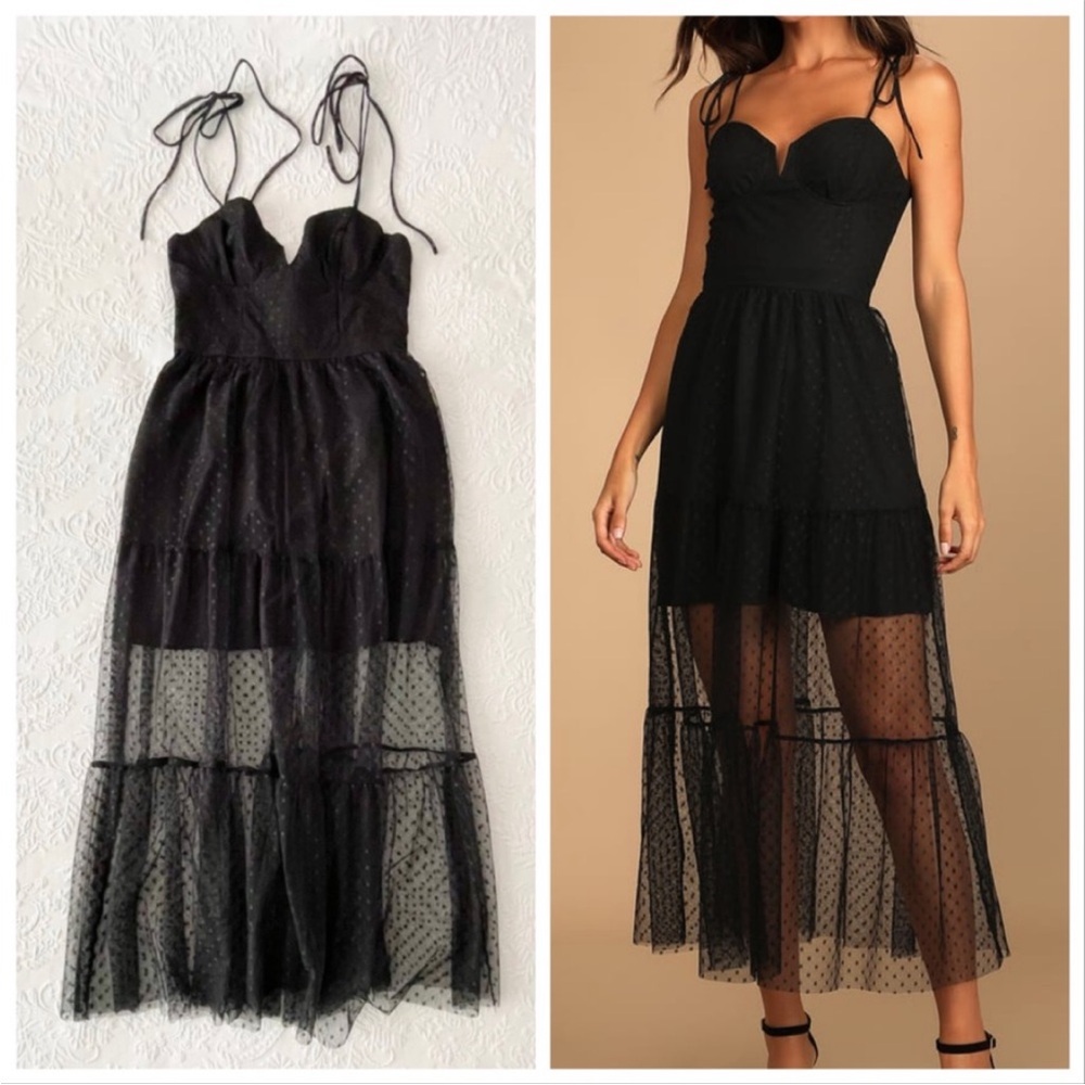 Lulu’s Romantic Sheer Black Polka Dot Mesh Tiered Midi Dress Sz XS